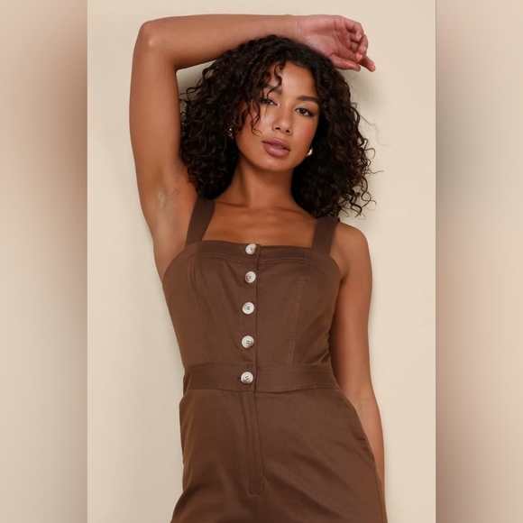 Lulus Practical Charm Brown Twill Button-Front Straight Leg Jumpsuit S Travel - Picture 3 of 10